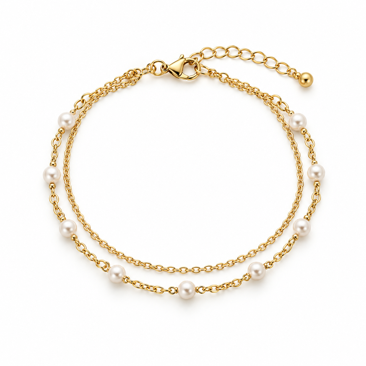 VELQIZORA™ Oriane Double Chain Bracelet – Layered Gold & Pearl Accent Bracelet, Modern Delicate Hand Jewelry